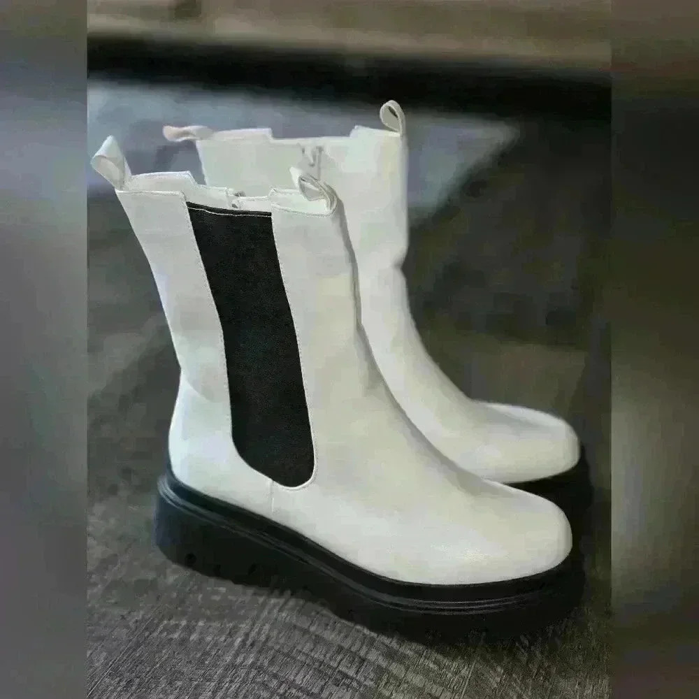 Womens Chunky Mid Heel Mid Calf Zipper  Round Toe Platform Ankle Boot size 10